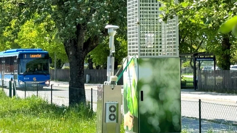 En buss som kör längs en gata intill en park.