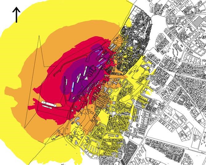 Karta över Visby hamn, som visar bullerutredningen.