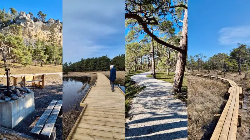 Collage med fofografier från nya leder med spänger, grillplatser och stigar
