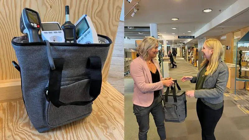 En väska full av apparater och två kvinnor som möts i en korridor för att utbyta väskan.