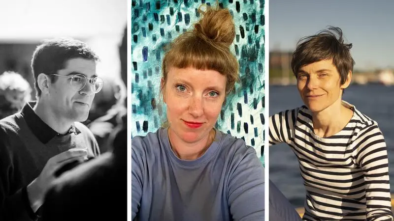 Montage med porträttbilder på en man och två kvinnor