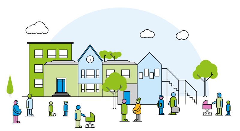 Illustration: personer och hus