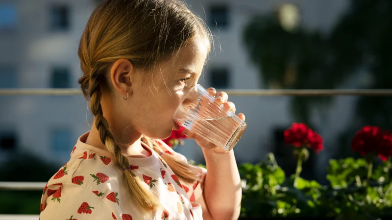 En tös som dricker ett glas vatten.