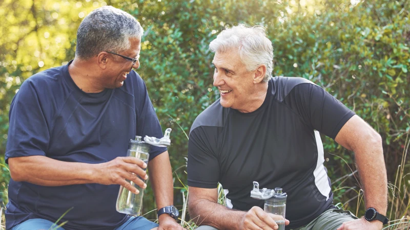 Två män sitter och pratar och dricker vatten.