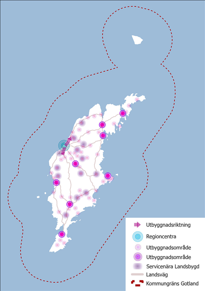Karta över Gotland med utvecklingsinriktning bebyggelseutveckling markerade.