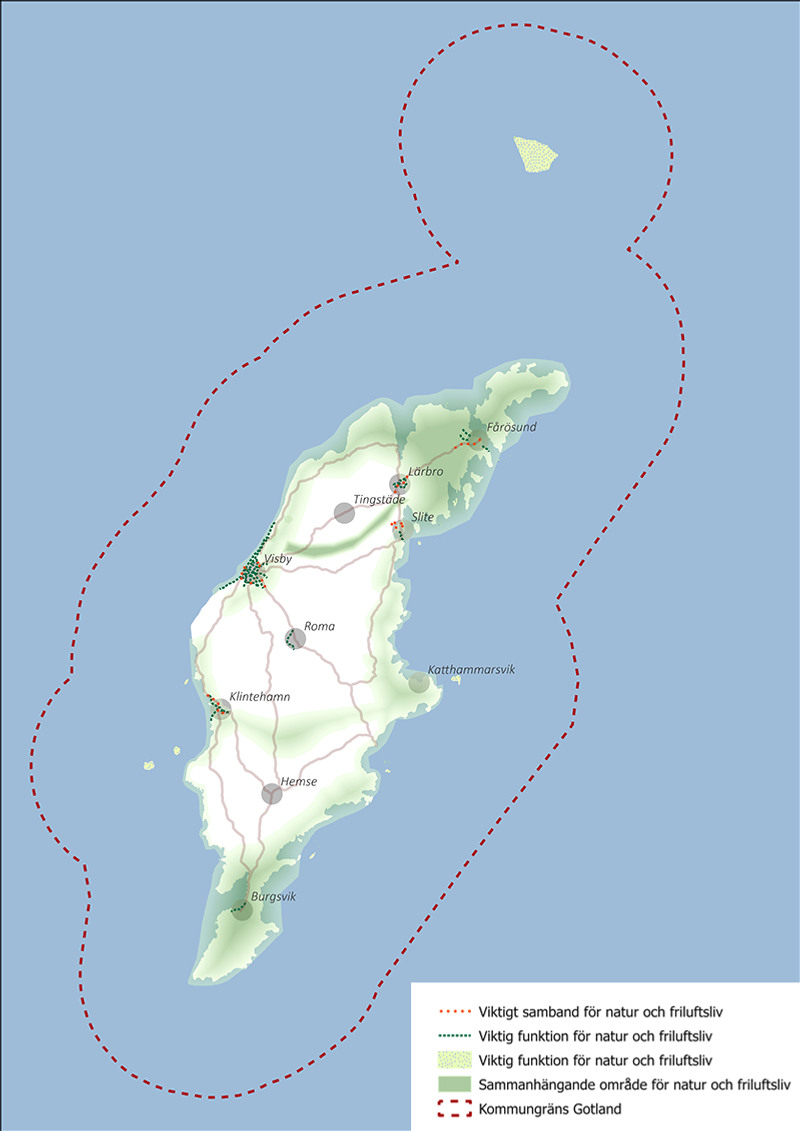 Karta över Gotland med utvecklingsinriktning för natur- och friluftsliv markerade.