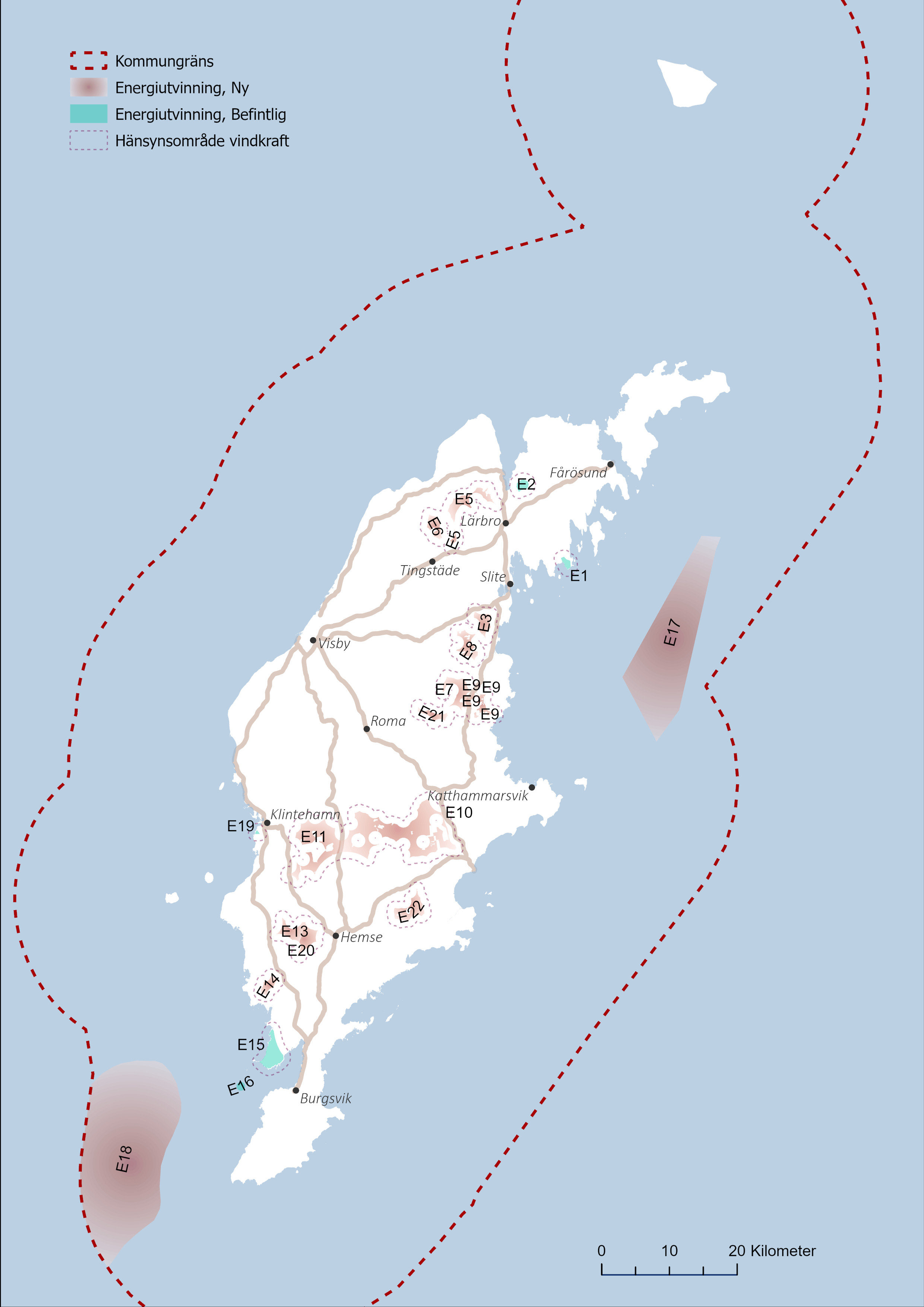 Karta över Gotland, med områden för energiutvinning markerade.