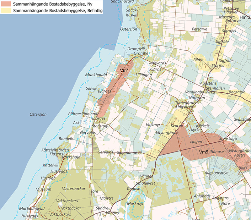 Kartbild på exempel hur beteckningen Sammanhängande bostadsbebyggelse
kan se ut i plankartan. Utsnitt från Storsudret.