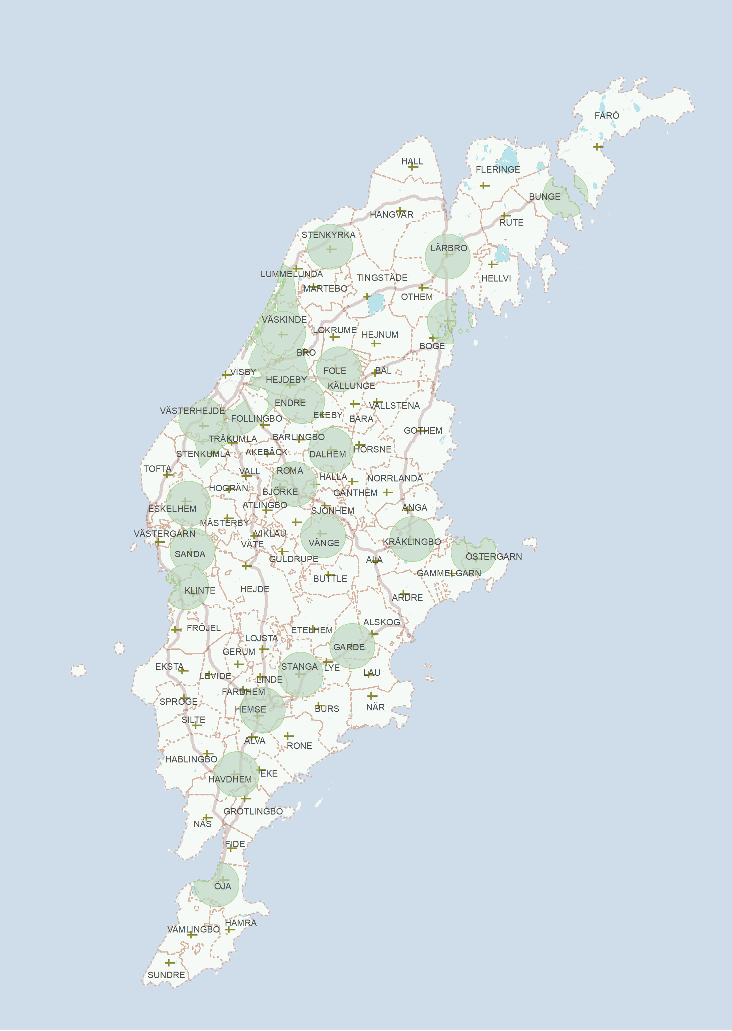 Karta över Gotland, med områden med beteckningen Servicenära landsbygd markerade. Visas i kartan i form av gröna cirklar.