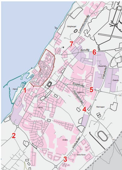 Karta över viktiga entrésträckor i Visby.