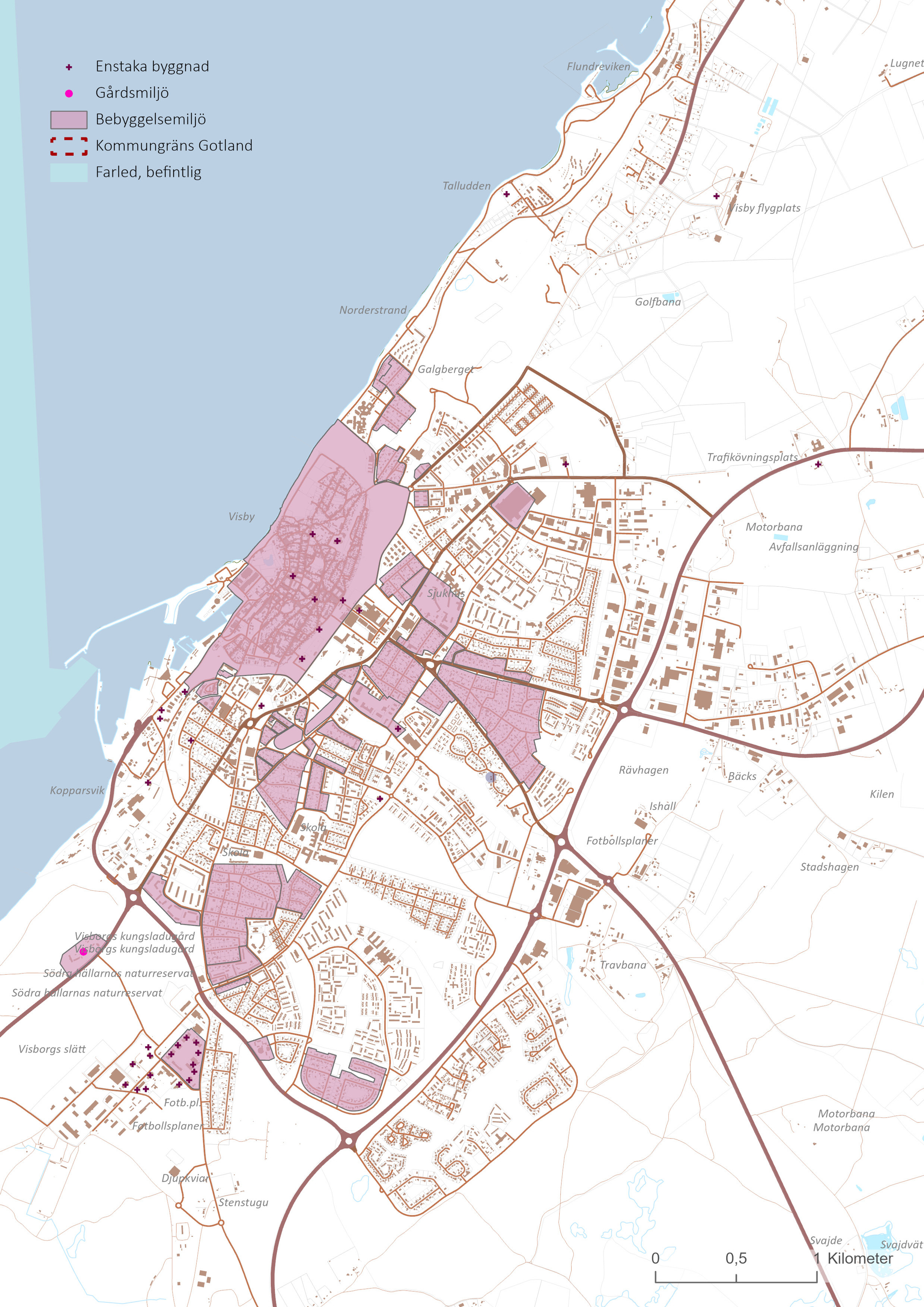 Karta över Visby, som redovisar miljöer och objekt i Visbyområdet som har särskilt höga kulturhistoriska värden markerade.