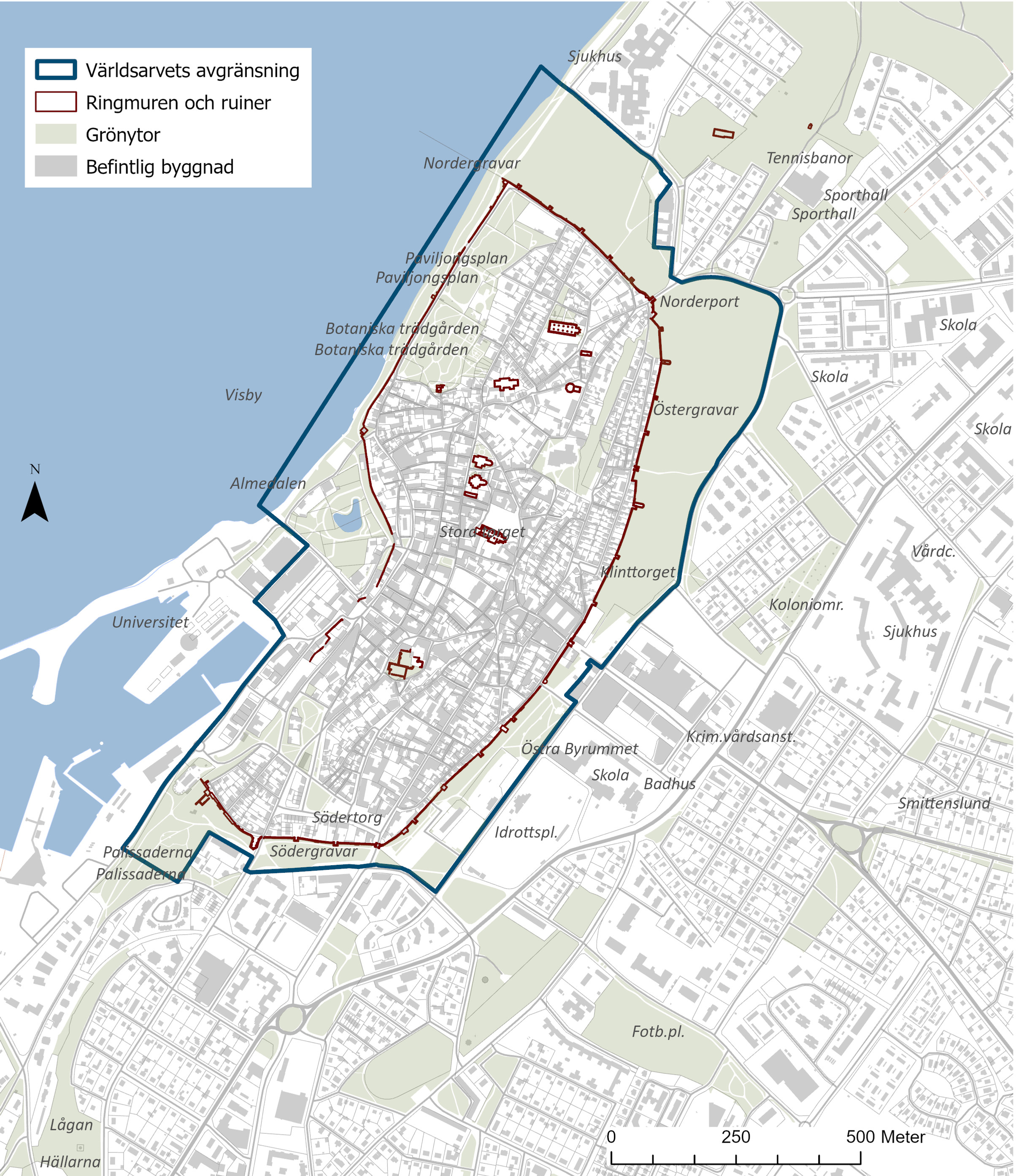 Karta över Visby, med Världsarvets avgränsning markerad.