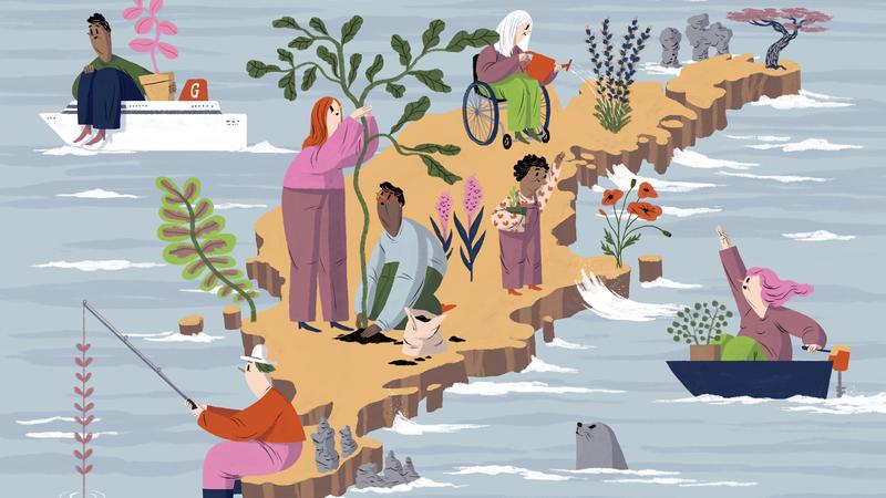 Illustration med människor som lever på och reser till och från Gotland.