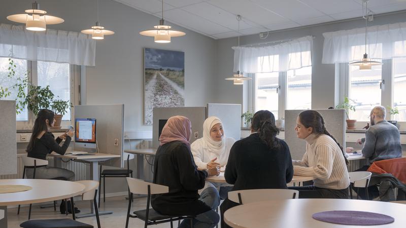 Elever som sitter vid bord och samtalar i studieteket