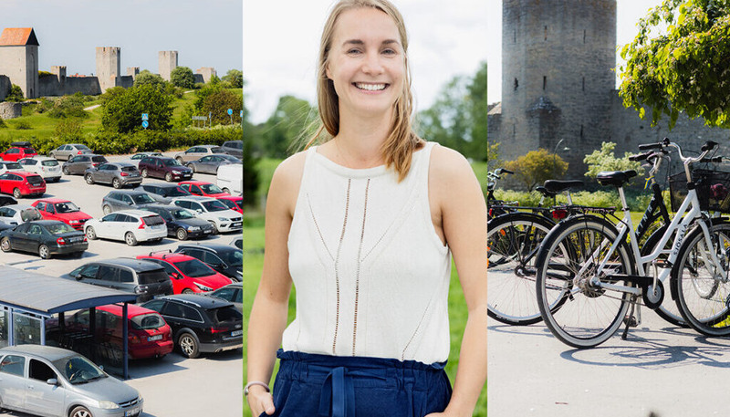 Tredelead bild. En kvinna ler framför kameran, en parkeringsplats full av bilar och en cykelparkering