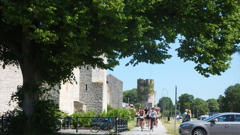 Några cyklister som cyklar längs ringmuren i Visby.