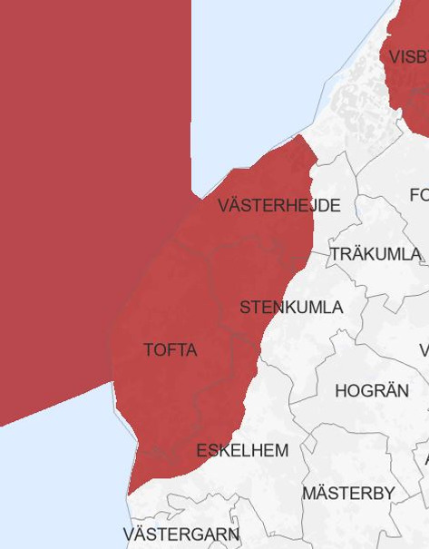 Karta över påverkansområde
riksintresse Tofta skjutfält
(röd färg).