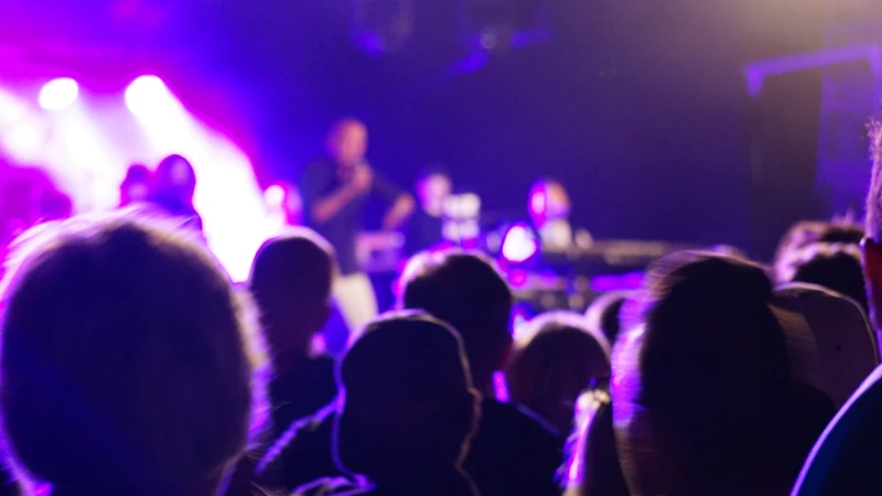 En folkmassa som tittar på ett band på scenen.