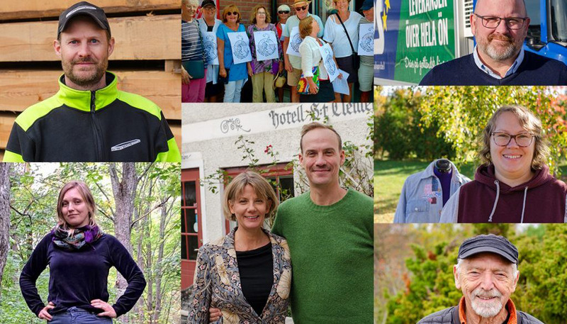 Ett collage av människor som står framför en byggnad.