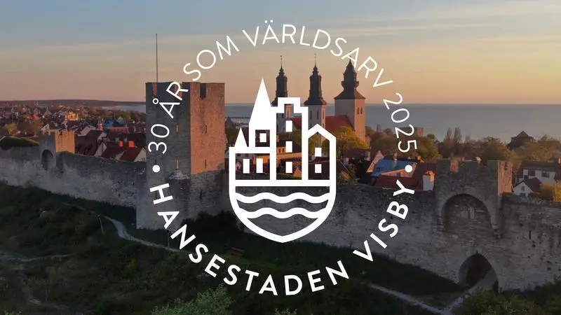 Vy över Visby med Hansestadens symbol i förgrunden