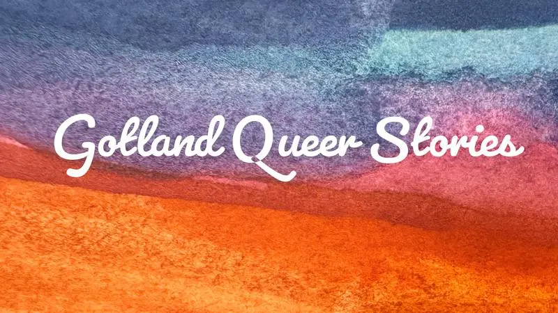 Akvarellfärg på papper med texten "Gotland Queer Stories" i skrivstil.