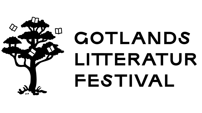 En svartvit bild av ett träd med texten ”Gotlands litteraturfestival”.