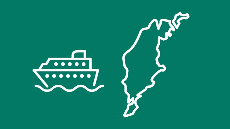 En vit kontur av en färja och en karta över Gotland på grön bakgrund.