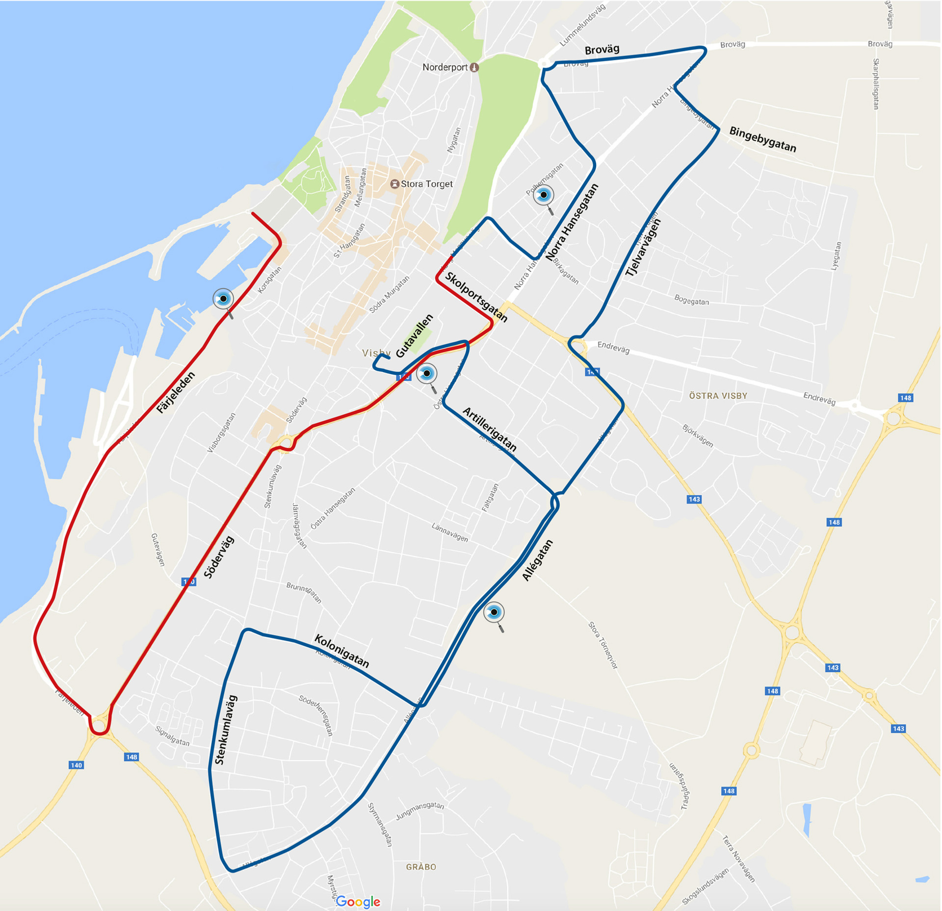 En karta över en stad med en röd och blå linje.