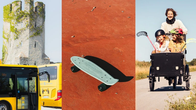 Ett fotocollage med en kvinna med lådcykel och en skateboard och gula bussar.