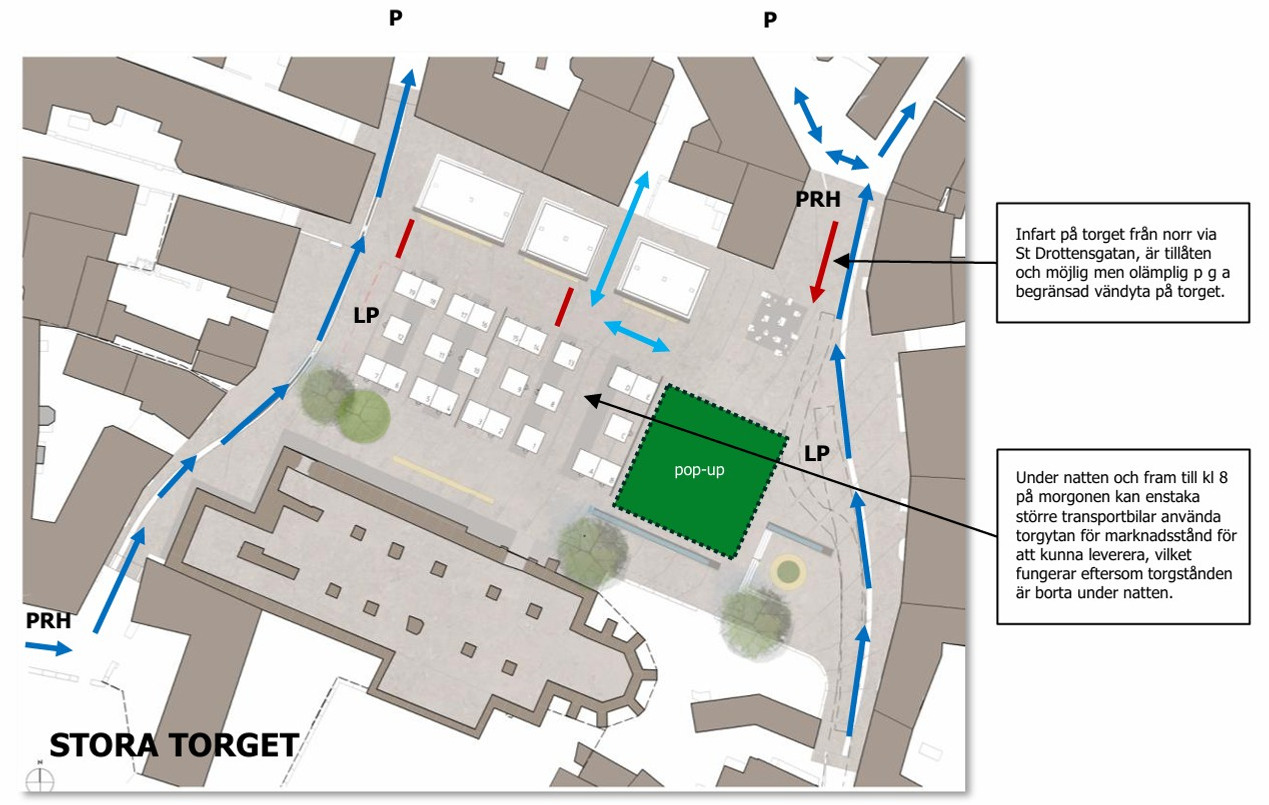 Karta med trafikanpassningar för Stora torget i Visby.