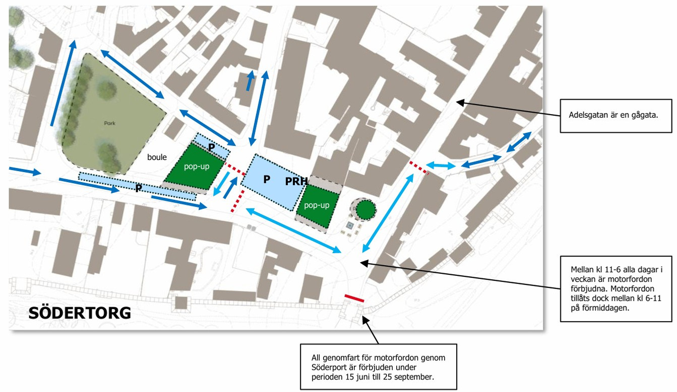Karta med trafikanpassningar för Södertorg i Visby.
