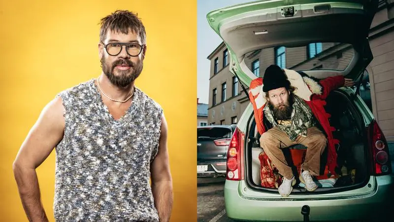 Kollage med två porträtt på två män varav en hoppar ut ur bakluckan på en bil och en poserar framför gul vägg.