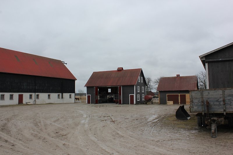 En ladugård och flera mindre byggnader med röda plåttak.