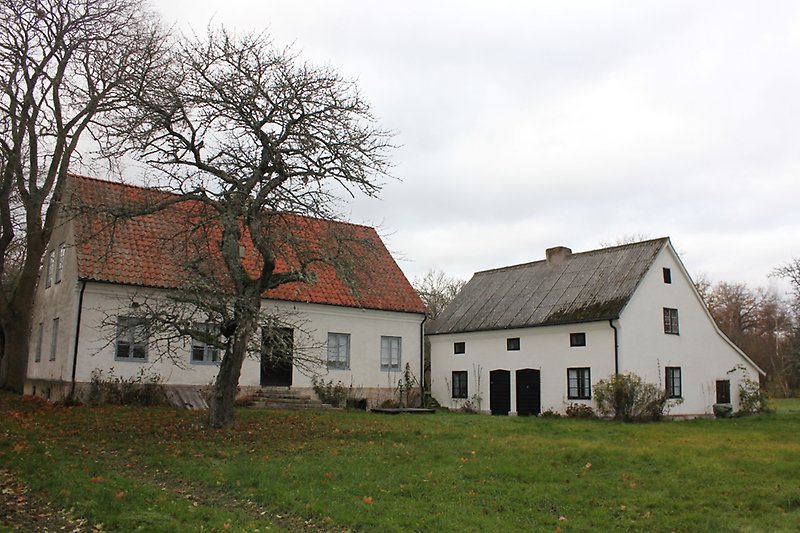 Ett vitt hus med en svart ytterdörr, ljusblåa fönster, ett rött tegeltak och en vit stuga med svarta fönster och en svart ytterdörr.