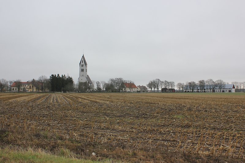Vyn över fältet och en kyrnbyn.