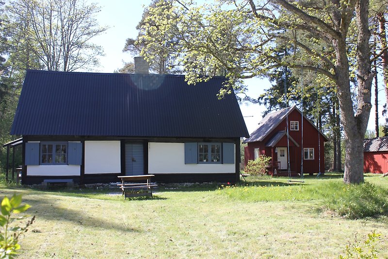 En stuga med svartvita väggar, blåa fönster, ett mörkblått tak och en blå ytterdörr. Den andra stugan är röd.