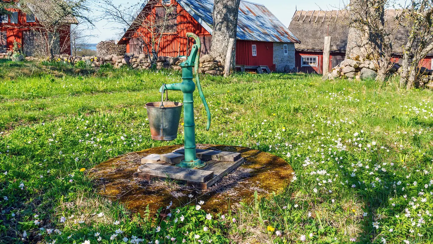 Vattenpump vid röd stuga