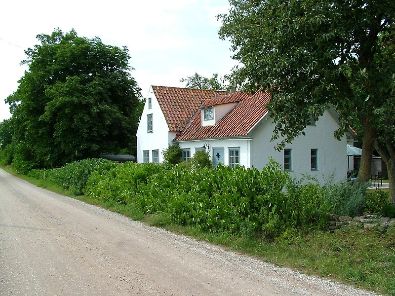 Ett vitt hus med blåa fönster, ett rött tak och en grusväg.